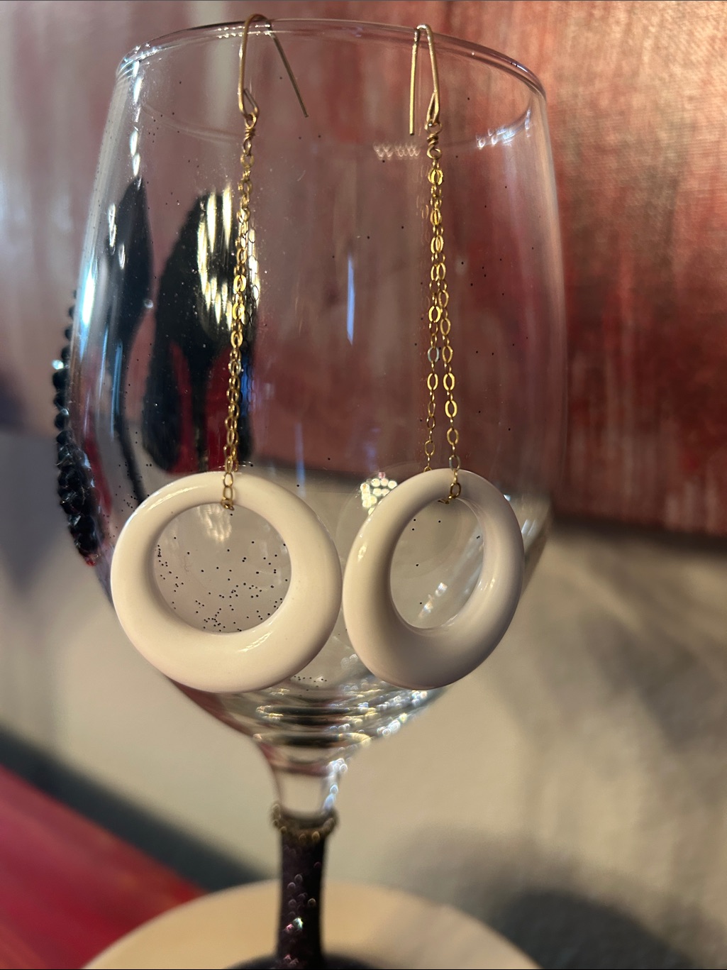 Gold Chain White Circle Pearl Hoop Drop Earrings - Women Jewelry